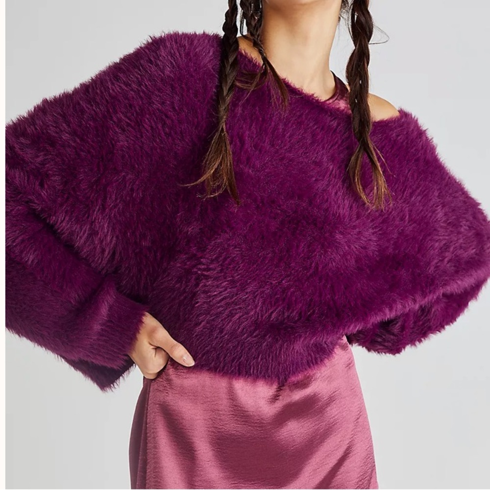 Free People Plush Cropped Crewneck Sweater in Deep Plum